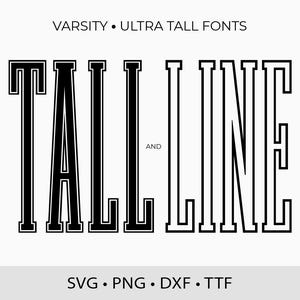May include: Black and white graphic design of the text "TALL LINE" in a varsity style font. The text is outlined in black and has a white interior. The text is set against a white background.