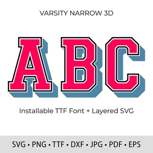 Puede incluir: La imagen muestra las letras "ABC" en una fuente de estilo universitario. Las letras son de color rosa brillante con un contorno negro y una sombra azul claro, sobre un fondo blanco. El texto "VARSITY NARROW 3D" está encima de las letras, y "Installable TTF Font + Layered SVG" debajo.