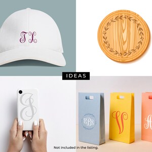 May include: A white baseball cap with a purple embroidered monogram "TX".  The cap is shown on a light blue background.  There are also images of a wooden round cutting board with a floral design, a white phone case with a silver monogram, and three gift bags with monograms.