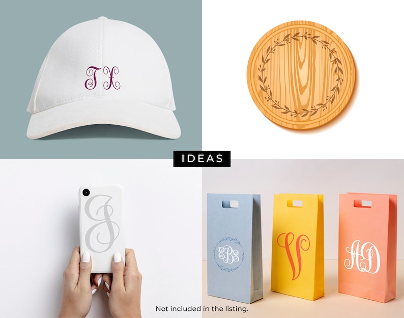 May include: A white baseball cap with a purple embroidered monogram "TX".  The cap is shown on a light blue background.  There are also images of a wooden round cutting board with a floral design, a white phone case with a silver monogram, and three gift bags with monograms.