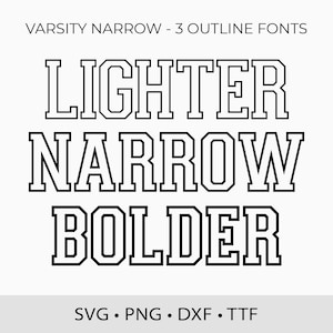May include: Three variations of a varsity-style font, with the words "LIGHTER", "NARROW", and "BOLDER" in black outline. The font is narrow and has a bold, outlined style. The words are displayed in a white background.