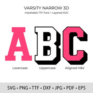 Puede incluir: Imagen que muestra una fuente de estilo universitario en 3D. Se muestran las letras A, B y C, con la A en rosa, la B en blanco y la C en rosa. La imagen incluye el texto "Lovercase", "Uppercase" y "Aligned H&V".