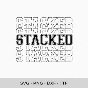 Puede incluir: Diseño gráfico en blanco y negro con la palabra "STACKED" en negrita, apilada varias veces.