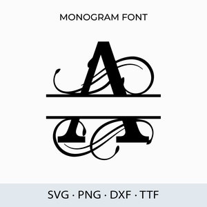 Op de afbeelding: Een monogram-lettertypeontwerp met de letter "A" met decoratieve versieringen. De letter is in tweeën gedeeld met een horizontale lijn, waardoor er ruimte is voor een andere letter.