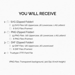May include: A list of digital files you will receive when you purchase this font. The files include SVG, PNG, and DXF formats, as well as a TrueType font file. The PNG files have a transparent background, 300 DPI, and are 8 inches in height.