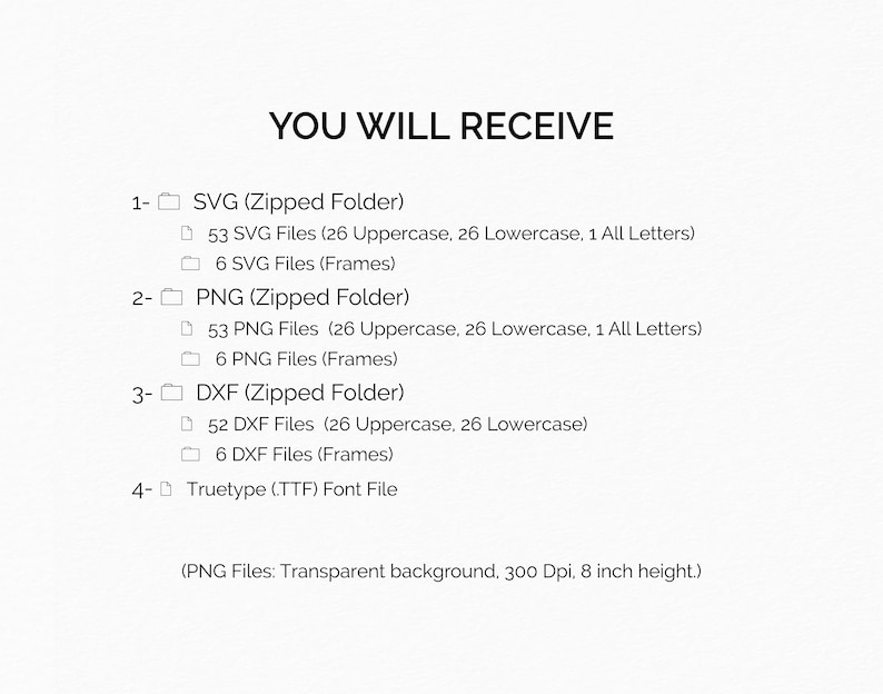 May include: A list of digital files you will receive when you purchase this font. The files include SVG, PNG, and DXF formats, as well as a TrueType font file. The PNG files have a transparent background, 300 DPI, and are 8 inches in height.
