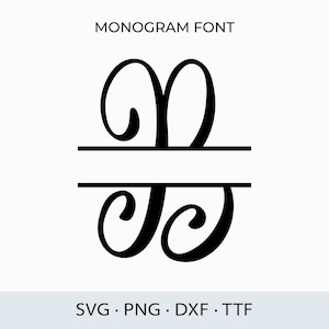 Op de afbeelding: Een zwart-wit monogram-lettertypeontwerp met de letters "M" en "J" in een gesplitste monogram-stijl. De letters zijn in een cursief lettertype en worden gescheiden door een horizontale lijn. De tekst "MONOGAM FONT" staat boven de letters en de tekst "SVG. PNG. DXF. TTF" staat onder de letters.