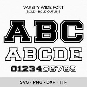 Varsity Schrift SVG TTF breit, College Schrift SVG Sport Schrift SVG Schule Schrift SVG, digitaler Download SVG Schriftarten, Gliederung Buchstaben