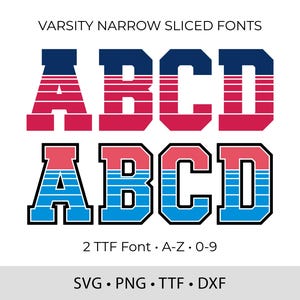 May include: A digital graphic featuring two sets of the letters ABCD in a varsity-style font. The top set is red and navy blue, while the bottom set is red, blue, and black. The image includes the text "VARSITY NARROW SLICED FONTS" and file type information.