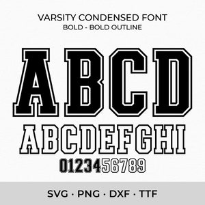 Varsity lettertype SVG TTF gecondenseerd vet, College lettertype Svg sport lettertype Svg School lettertype Svg, digitale download SVG-lettertypen, overzichtsbrieven