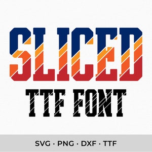 May include: A graphic design font called "SLICED TTF FONT" in a retro style with a blue, orange, and red color scheme. The font is displayed in all capital letters.