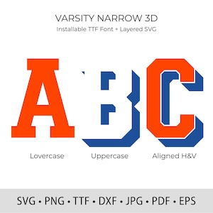 May include: A graphic showcasing the letters A, B, and C in a varsity-style font. The letter A is orange, the B is white with a blue outline, and the C is orange with a blue outline. Text at the bottom indicates file formats: SVG, PNG, TTF, DXF, JPG, PDF, and EPS.