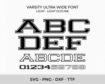 Fuente Varsity SVG, Ultra Wide Light, Letras de contorno (Descarga digital)