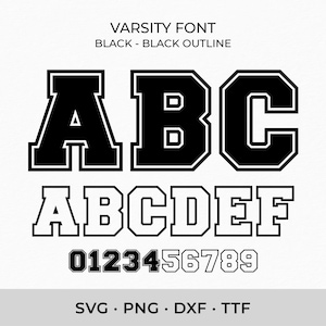 Varsity lettertype SVG TTF zwart, College lettertype Svg sport lettertype Svg School lettertype Svg, digitale download SVG lettertypen, overzichtsbrieven