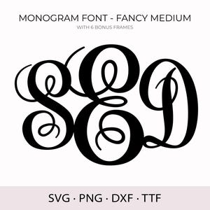 May include: Black monogram design featuring the letters S, E, and D in a fancy, swirling font. The text "MONOGRAM FONT - FANCY MEDIUM" and "WITH 6 BONUS FRAMES" are at the top. The bottom text includes "SVG • PNG • DXF • TTF".