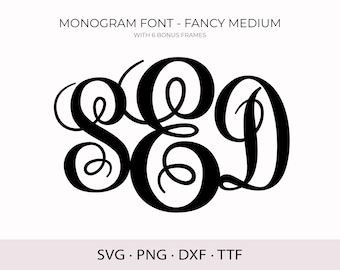 May include: Black monogram design featuring the letters S, E, and D in a fancy, swirling font. The text "MONOGRAM FONT - FANCY MEDIUM" and "WITH 6 BONUS FRAMES" are at the top. The bottom text includes "SVG • PNG • DXF • TTF".