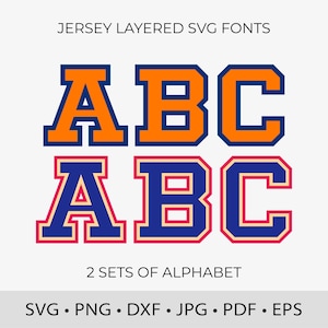 May include: Two sets of layered SVG fonts in a jersey style. The top set features orange letters with a navy outline, while the bottom set has navy letters with a red outline. The image includes the text "JERSEY LAYERED SVG FONTS" and "2 SETS OF ALPHABET".
