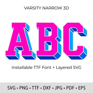 Puede incluir: Gráfico con las letras "ABC" en estilo universitario 3D. Las letras son de color rosa intenso con sombra y contorno azules, sobre un fondo blanco. El texto superior dice "VARSITY NARROW 3D". Debajo, "Installable TTF Font + Layered SVG".