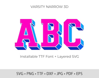 3D Layered Varsity Font, Shadow Letters (SVG TTF PNG)