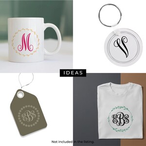 May include: Four different ideas for using a monogram design. A white mug with a pink monogram in a gold wreath, a white t-shirt with a green wreath and black monogram, a brown tag with a gray monogram in a circle of gray dots, and a white keychain with a black monogram in a circle.