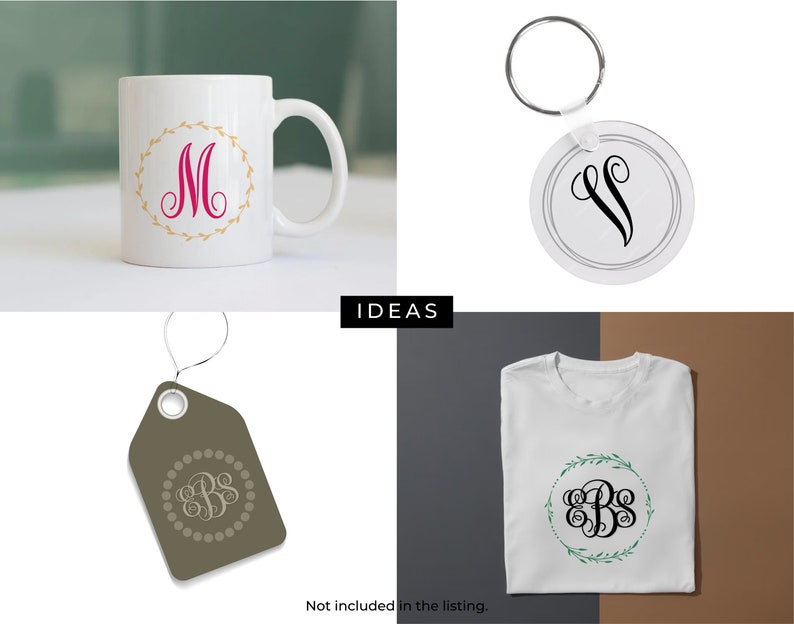 May include: Four different ideas for using a monogram design. A white mug with a pink monogram in a gold wreath, a white t-shirt with a green wreath and black monogram, a brown tag with a gray monogram in a circle of gray dots, and a white keychain with a black monogram in a circle.