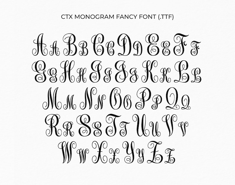 May include: A black and white image of a fancy font alphabet. The letters are stylized with a cursive script and have a decorative flourish.