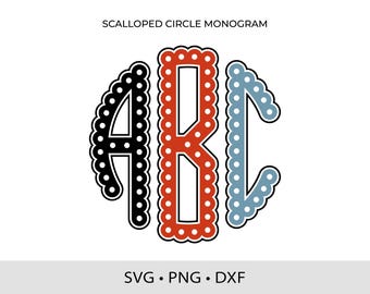 Monograma redondo festoneado (SVG DXF PNG) Alfabeto punteado Archivos de corte para Cricut