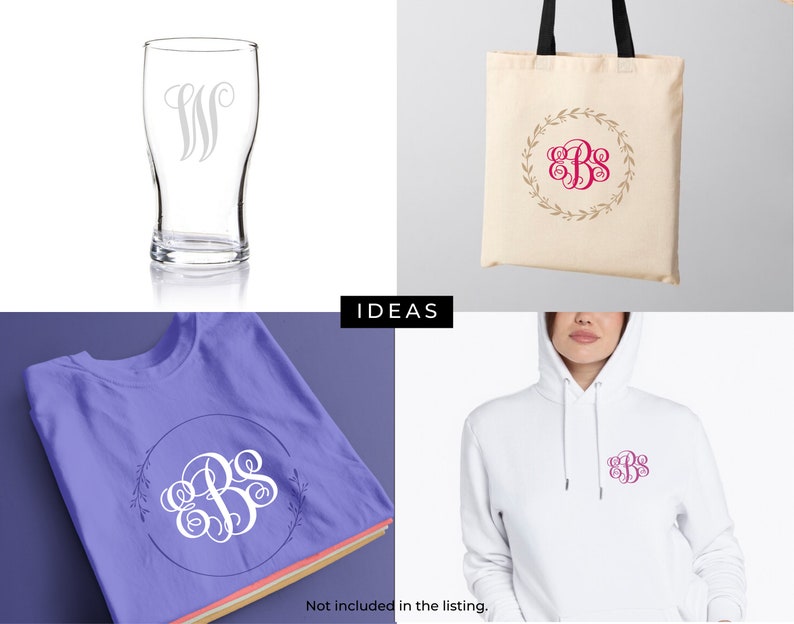 May include: A set of three different items featuring a monogram design with a wreath of leaves. The items include a glass beer mug, a tote bag, and a t-shirt. The monogram is in a cursive font and is in pink.