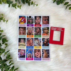 May include: A red square frame with the text "TODAY I FEEL..." and a blank space inside. Below the frame is a grid of 16 squares, each with a different photo of a woman and a word describing her mood. The words include "relaxed", "sad", "angry", "savage", "confused", "happy", "crazy", "worried", "proud", "stressed", "tired", "surprised", "hot mess", "loved", "nervous", and "beautiful."