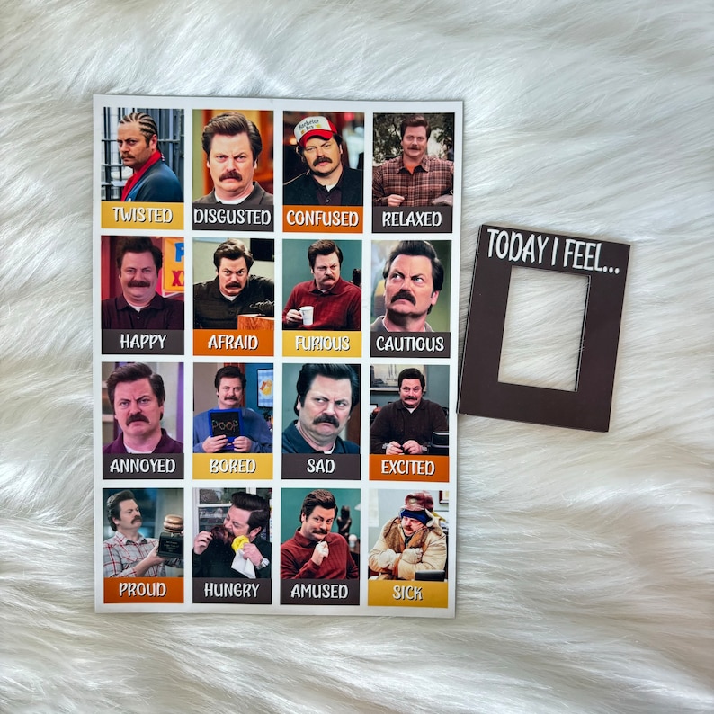 Puede incluir: Un juego de cartas imprimible con Ron Swanson del programa de televisi&oacute;n Parks and Recreation. La carta presenta 16 expresiones diferentes de Ron Swanson, cada una con una palabra de emoci&oacute;n correspondiente. La carta tambi&eacute;n incluye un marco en blanco con el texto "TODAY I FEEL..."