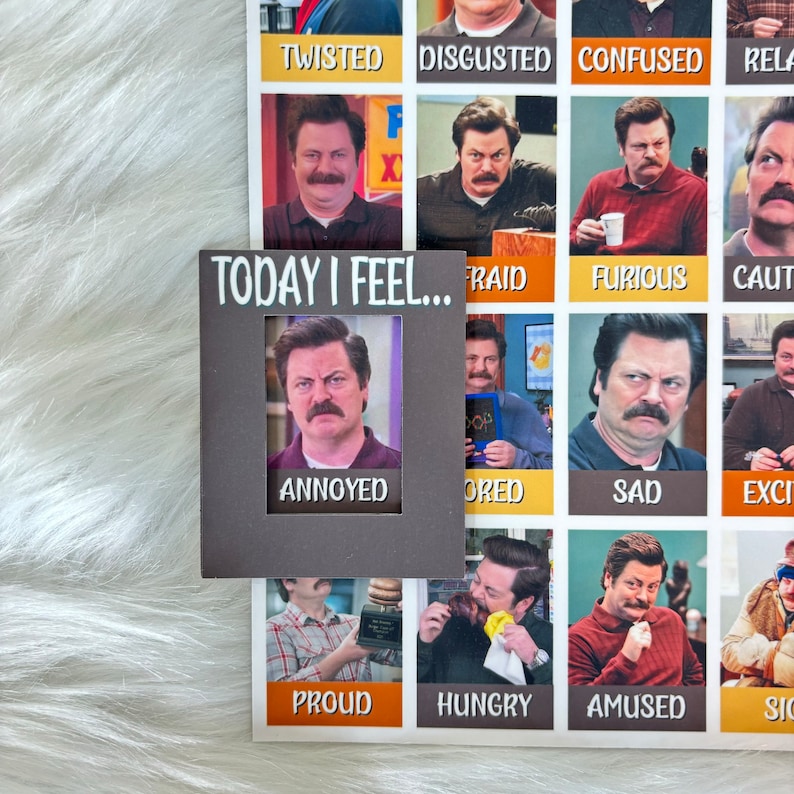 Puede incluir: Una tarjeta marr&oacute;n con el texto "TODAY I FEEL..." y una imagen de Ron Swanson del programa Parks and Recreation. La tarjeta tiene un recorte en el medio con una imagen de Ron Swanson que parece molesto. La tarjeta est&aacute; rodeada de otras tarjetas con im&aacute;genes de Ron Swanson con diferentes expresiones faciales.