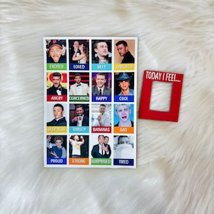 May include: A white card with a grid of celebrity photos, each labeled with an emotion like "Excited" or "Sad." A small red frame with the text "TODAY I FEEL..." sits beside the card. The background is white.