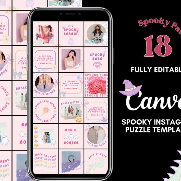 Halloween Instagram Post Template | Instagram Puzzle Grid | Templates Canva Instagram Pastel | Pastel Spooky Instagram feed grid