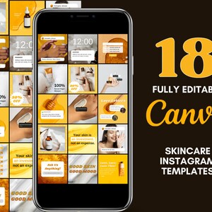 Könnte beinhalten: Ein Satz von 18 vollständig editierbaren Canva-Vorlagen für Instagram-Posts zum Thema Hautpflege. Die Vorlagen haben ein gelbes und weißes Farbschema mit Bildern von Honig, Hautpflegeprodukten und Textüberlagerungen. Der Text enthält Sätze wie "Love Letters", "Good Skin Good Mood" und "Deine Haut ist eine Investition, kein Aufwand."
