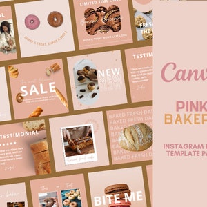 May include: A collection of Instagram post templates for a bakery. The templates feature a pink and brown color scheme and include images of donuts, bread, and pastries. The text on the templates includes phrases like "Bite Me", "The Most Delicious Sale", and "Baked Fresh Daily".