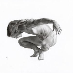 May include: A detailed graphite pencil drawing on a white background depicting a figure in a deep crouched pose. The figure is shown from the side, with one arm extended backward and the head bowed. A small Y-shaped signature is visible in the corner.