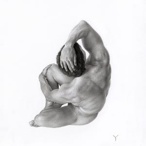 May include: A detailed pencil drawing of a person in a seated, curled position. The figure is nude, with arms wrapped around the legs and head. The artwork is rendered in grayscale, emphasizing the form and musculature.