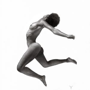 May include: A black and white graphite drawing of a person with short curly hair captured in a dynamic mid-air leap. The figure is shown in profile with arms extended backward and legs bent, showcasing detailed shading and anatomical contours.
