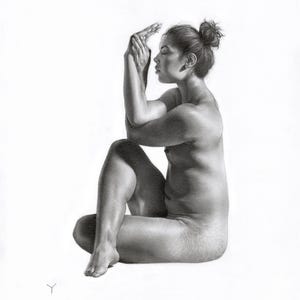 May include: A pencil drawing of a person in a seated position, with arms raised and hands near the head. The figure is nude, with detailed shading and a focus on the body's form. The artwork is rendered in grayscale.