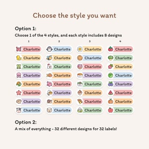 May include: A selection of personalized name labels with various designs, including animals, food, and other cute illustrations. The labels are arranged in four style options, each with eight designs, and an option for a mix of 32 different designs.