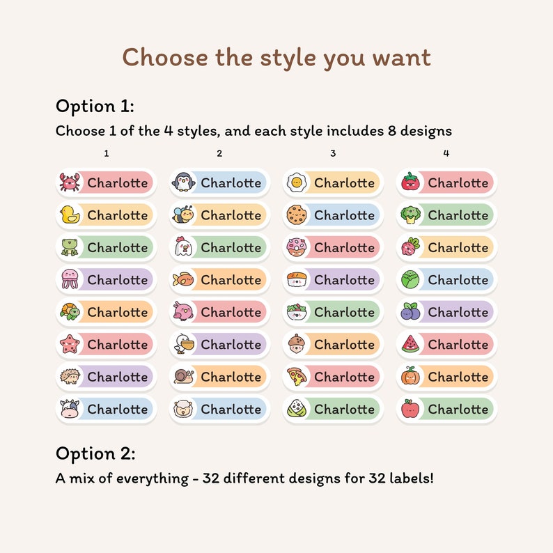 May include: A selection of personalized name labels with various designs, including animals, food, and other cute illustrations. The labels are arranged in four style options, each with eight designs, and an option for a mix of 32 different designs.