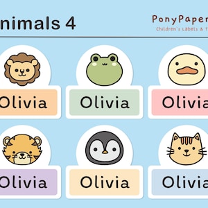 Lindas etiquetas aptas para lavavajillas - Etiquetas lindas para guardería - Etiquetas lindas para nombres de niños - Etiquetas impermeables lindas - Animales 4 Etiquetas adhesivas - Juego de 48