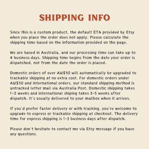 May include: Text on a cream-colored background reads "SHIPPING INFO." The text explains shipping times, processing times, and tracking options for custom products. It also mentions the location of the business and how to contact them.