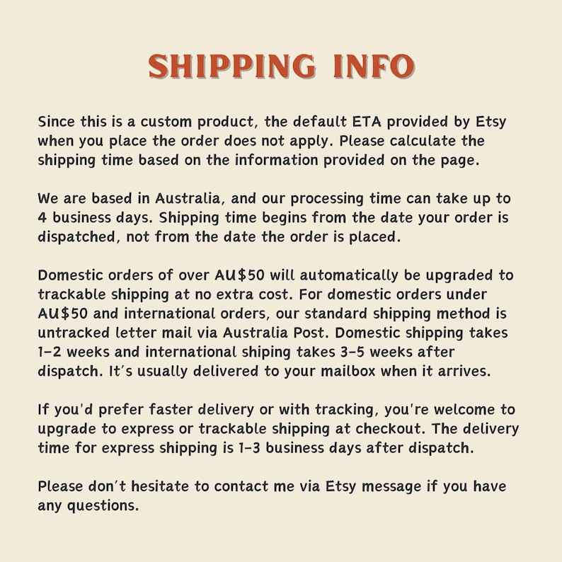 May include: Text on a cream-colored background reads "SHIPPING INFO." The text explains shipping times, processing times, and tracking options for custom products. It also mentions the location of the business and how to contact them.