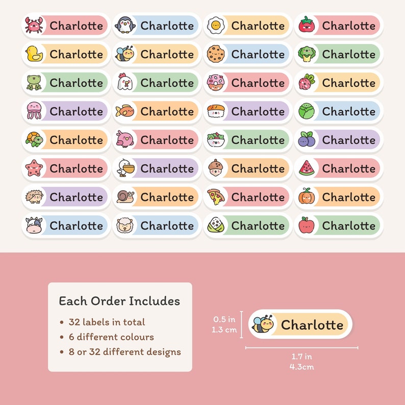 May include: A sheet of personalized name labels with the name "Charlotte" printed on each. The labels feature various colorful cartoon illustrations, including animals and food items. Each label measures 1.7 inches (4.3 cm) long and 0.5 inches (1.3 cm) high.