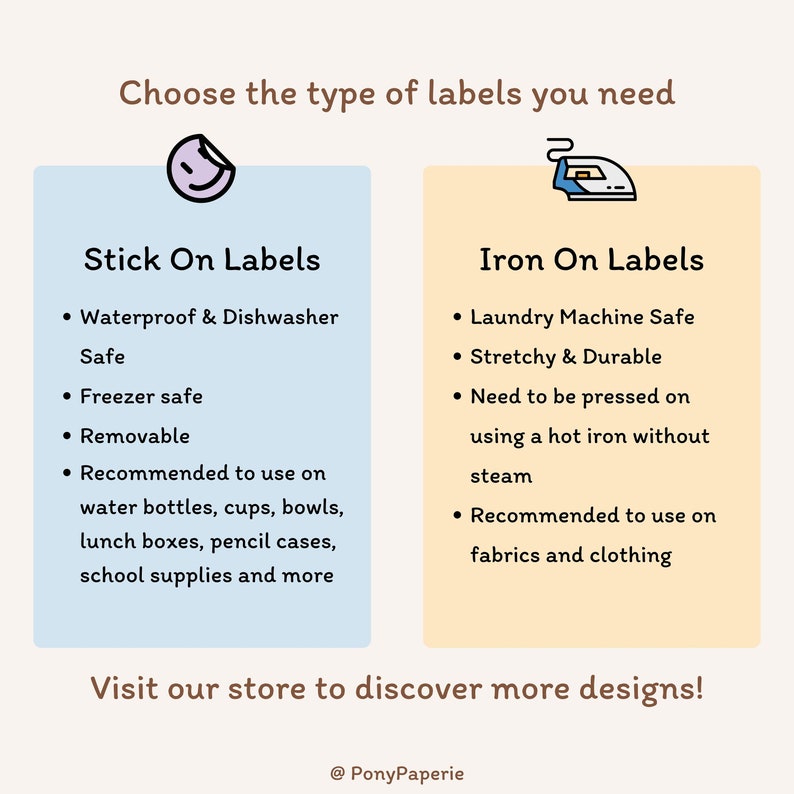 May include: An image with text that reads "Choose the type of labels you need." It shows two label types: "Stick On Labels" and "Iron On Labels." Stick on labels are waterproof, freezer safe, and removable. Iron on labels are laundry machine safe and stretchy.