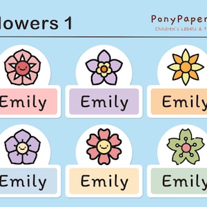 Simpatiche etichette lavabili in lavastoviglie - Simpatiche etichette per asilo nido - Simpatiche etichette con nomi per bambini - Simpatiche etichette impermeabili - Fiori 1 etichette adesive - Set di 48