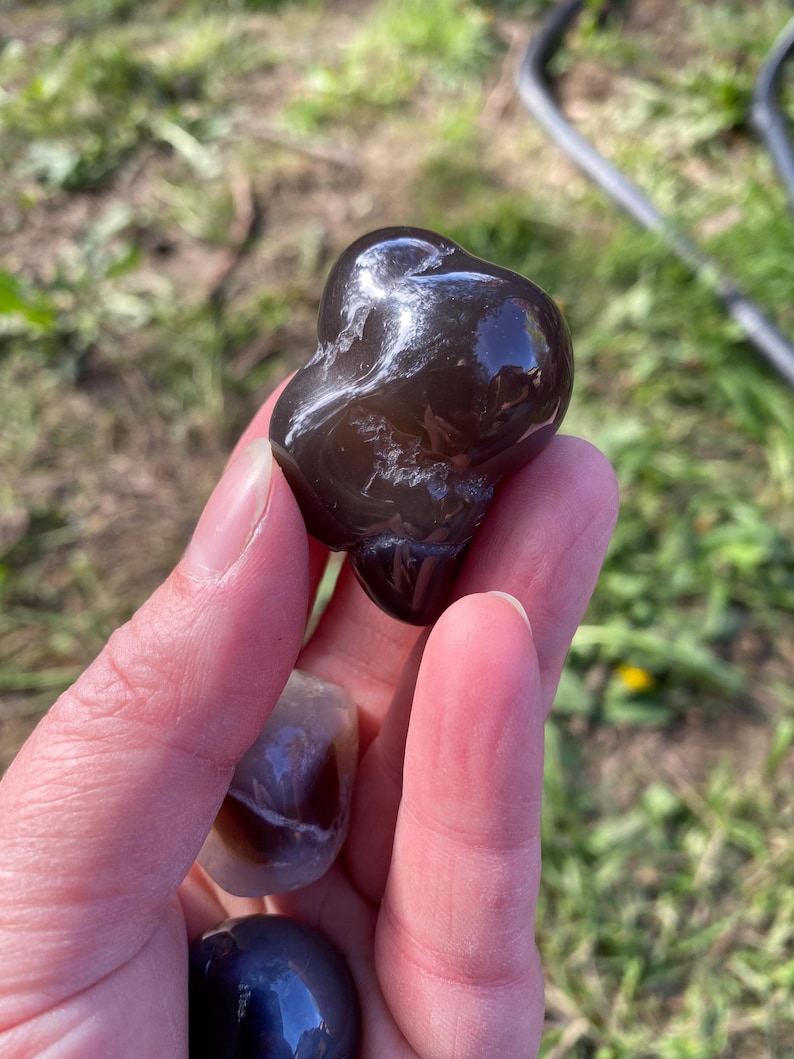 May include: A polished, dark brown agate stone with a smooth, glossy surface. The stone has a unique, organic shape and is held in a hand with other smaller stones. The background is blurred, showing green grass and sunlight.
