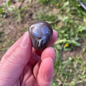 May include: A smooth, polished, gray stone with a glossy surface. The stone has a rounded shape and appears to be held in a person's hand. The background is blurred, showing green grass and a hint of a black object.