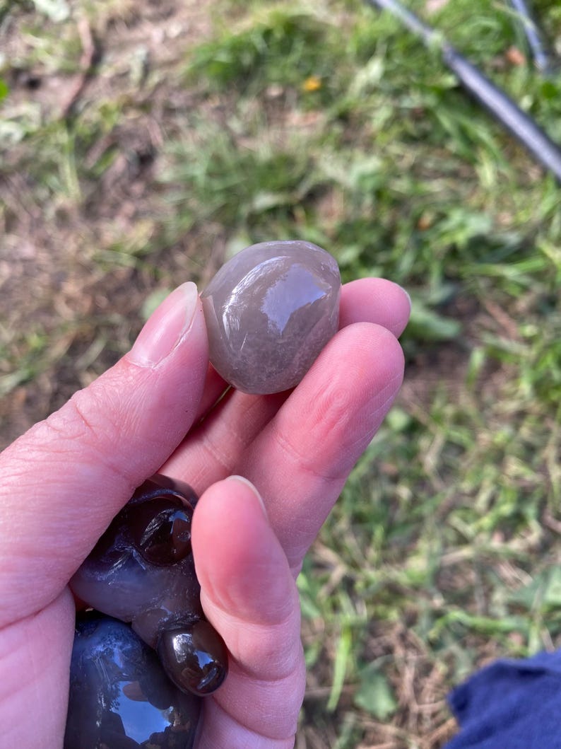May include: A smooth, gray stone held in a hand, with a glossy surface. The stone has a rounded shape and appears to be polished. Other dark stones are also visible in the hand. The background is blurred, showing green grass.
